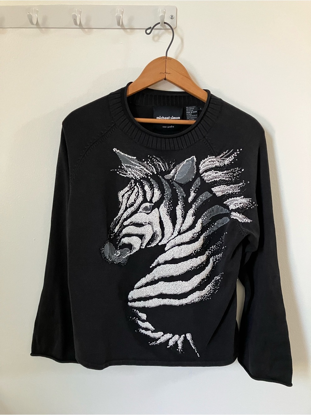 Vintage Y2K Michael Simon New York Zebra Beaded/knotted Crewneck Sweater Size L